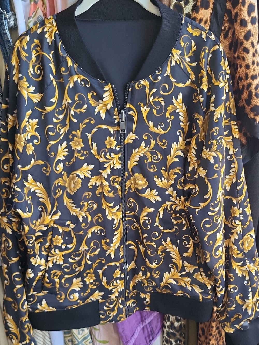 Women's Black Bomber Jacket with Gold Baroque Print